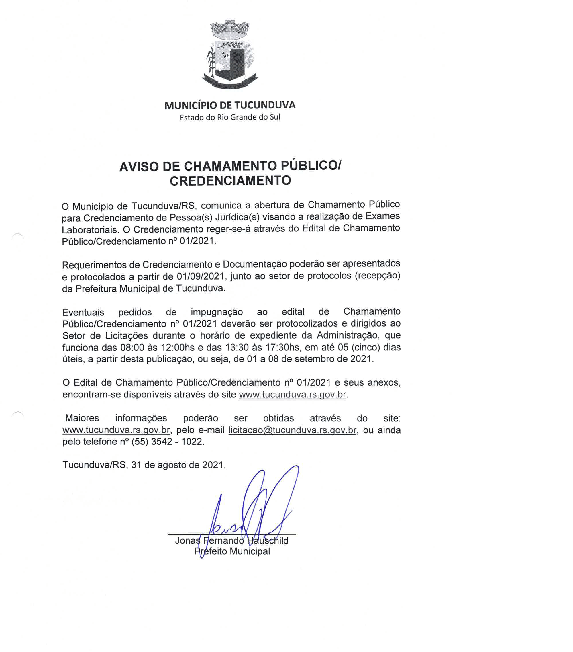 AVISO DE CHAMAMENTO PÚBLICO/CREDENCIAMENTO Nº 01/2021 - REALIZAÇÃO DE EXAMES LABORATORIAIS.